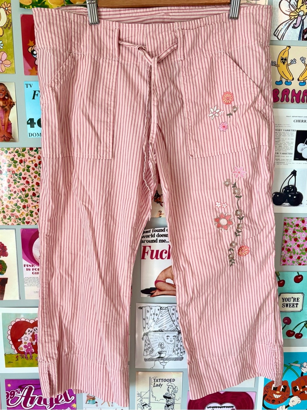 Vintage Pink Cotton Striped Floral Embroidered Cotton Capris